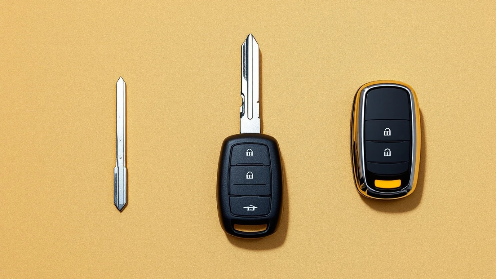 Three generations of Toyota key laid side by side, from bladed transponder to proximity smart key