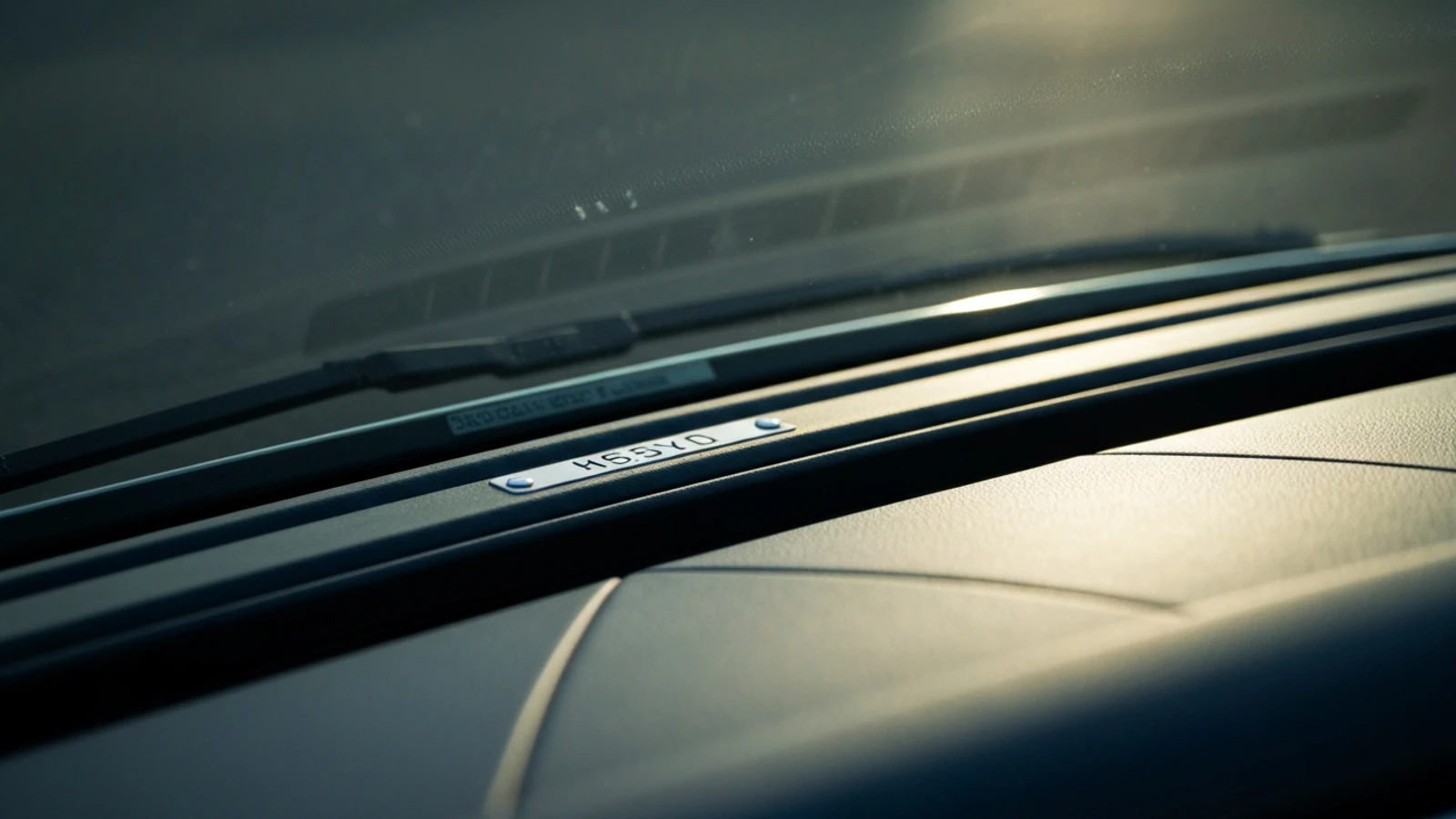 A vehicle identification number plate visible through a windscreen at the base of the glass