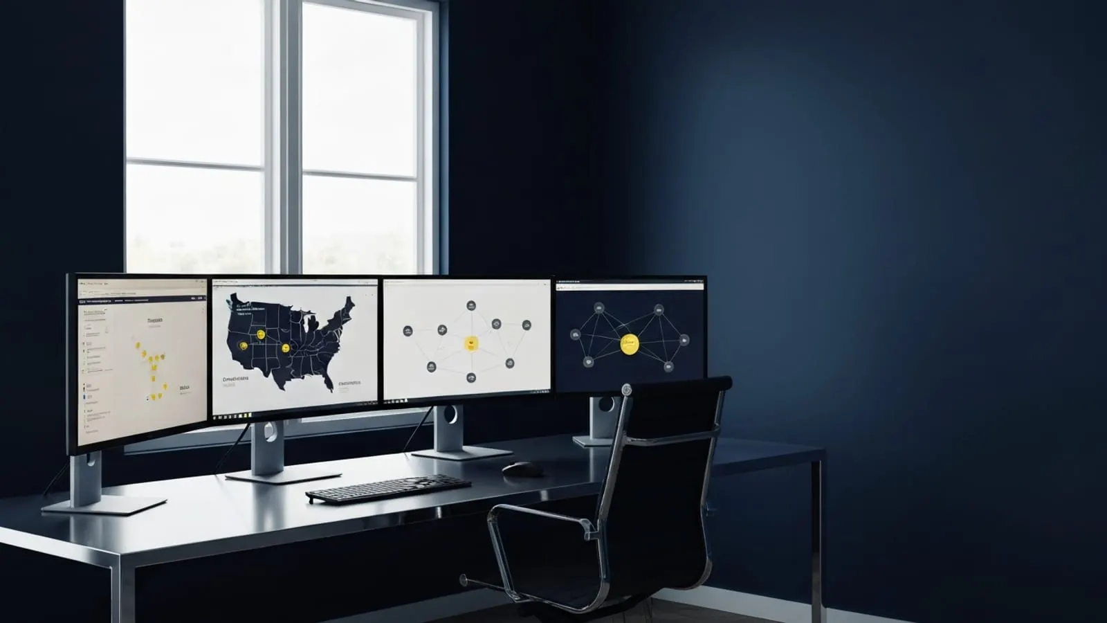 A modern operations workspace with monitors showing a US service partner network