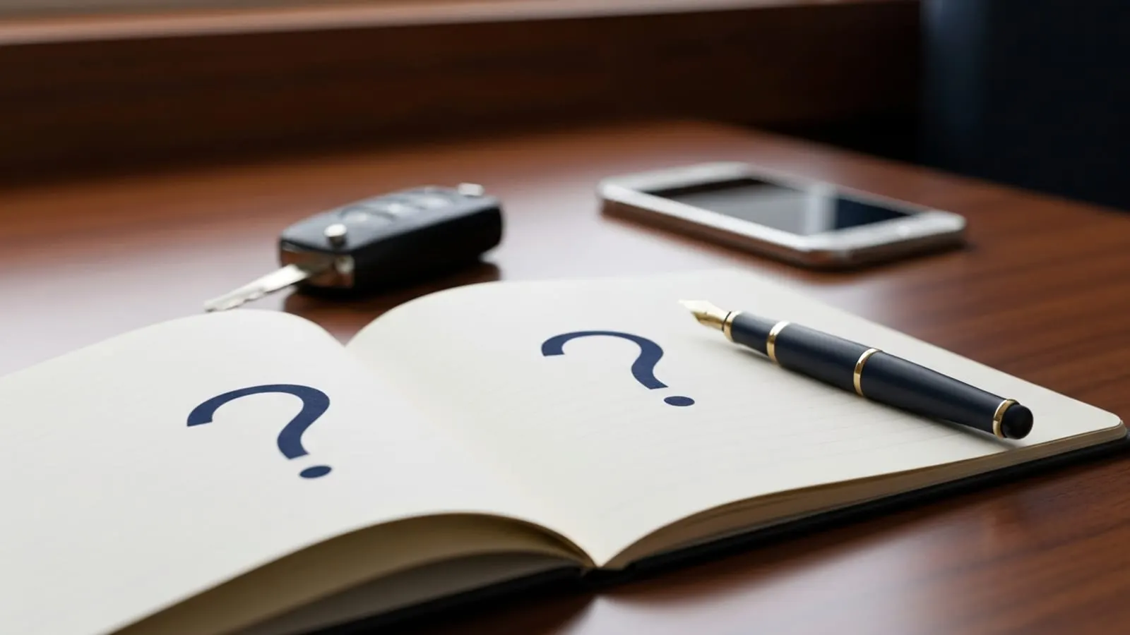 An open notebook with question marks and a car key resting on a wooden desk