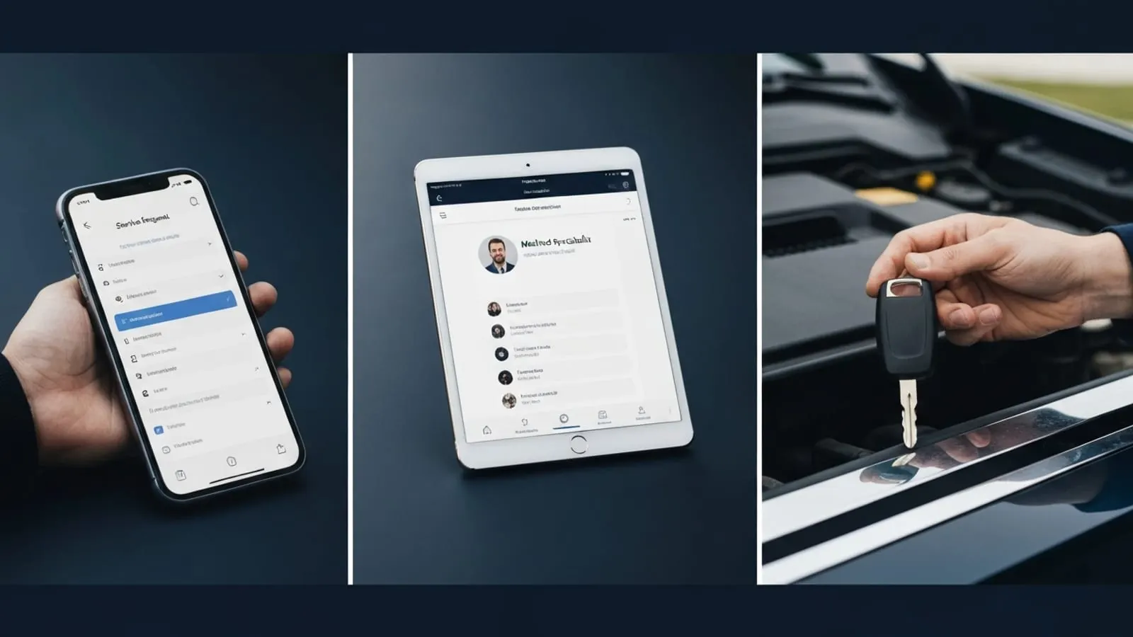 Three-panel composition showing the matching process — phone, tablet, finished key