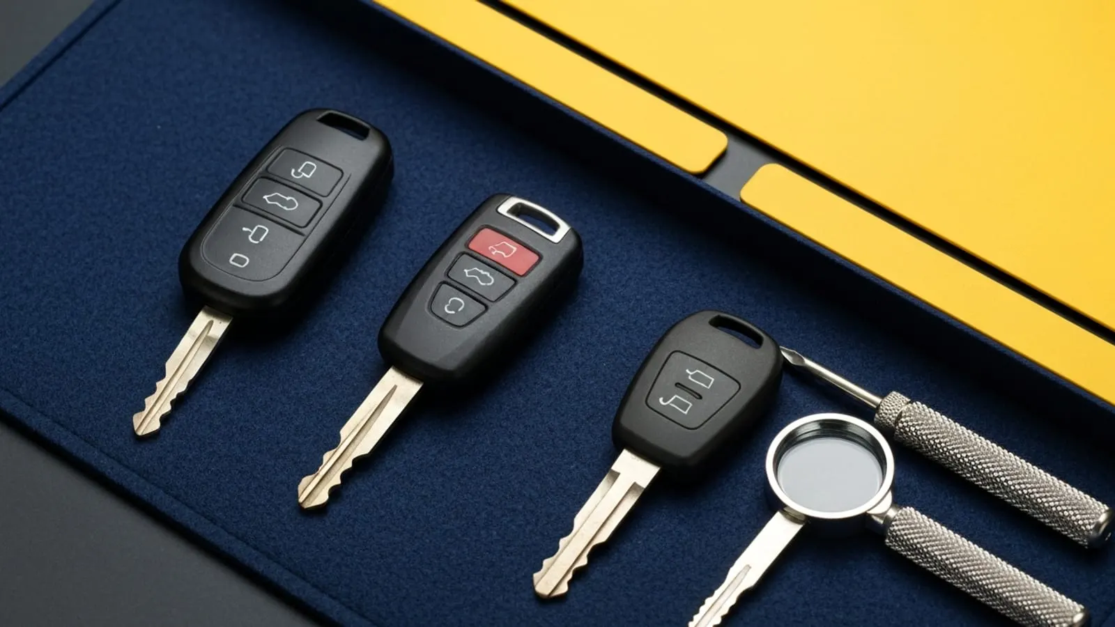 Assortment of modern car keys arranged on navy felt